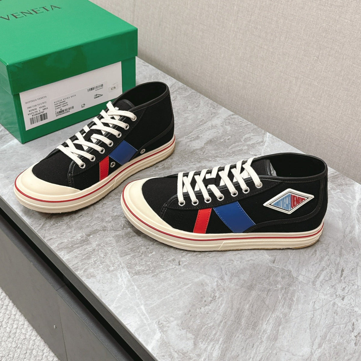 ELIOT SNEAKER IN BLACK MIX BLUE AND RED CANVAS AND CALFSKIN
