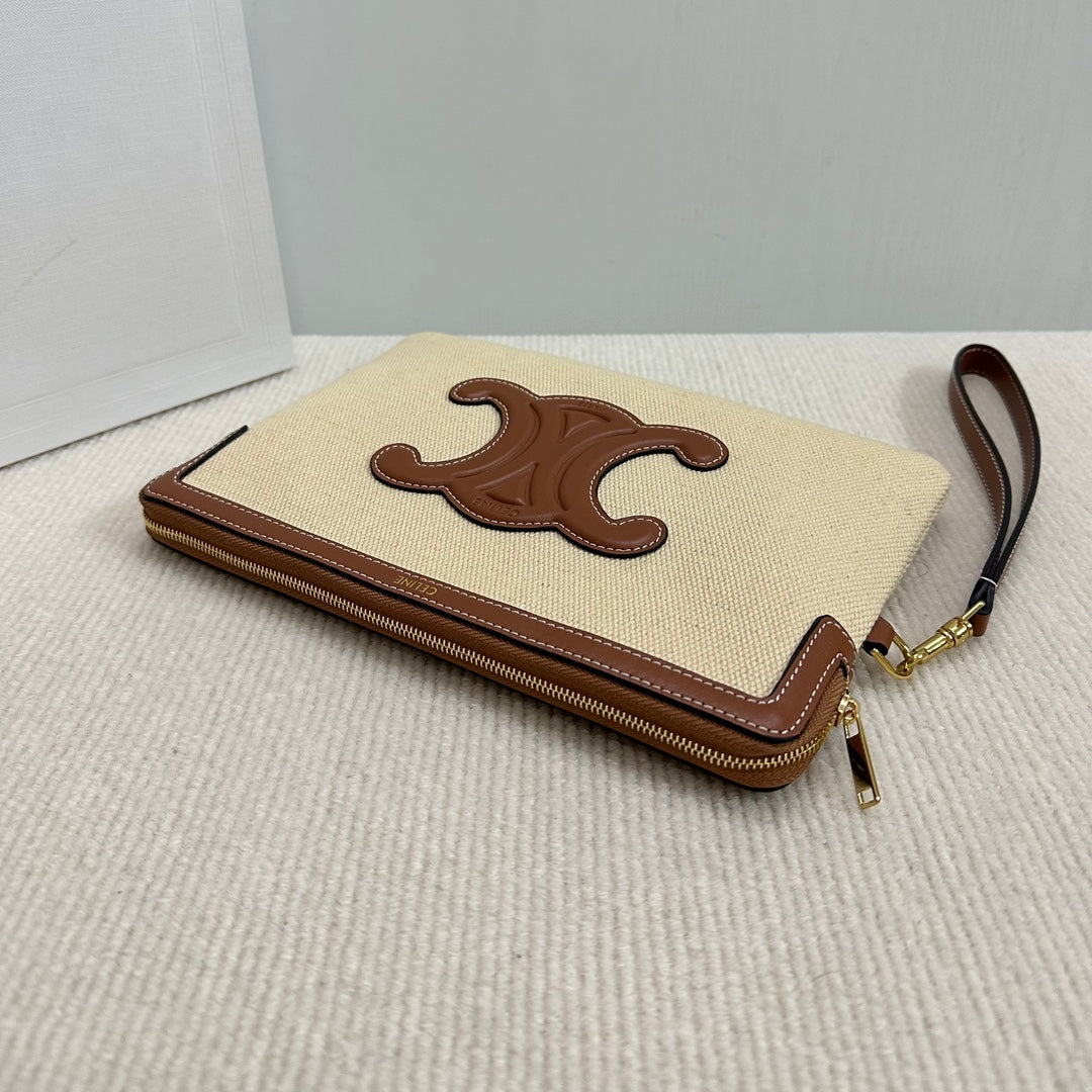 SMALL POUCH 25 IN BEIGE CANVAS AND BROWN CALFSKIN