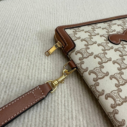 SMALL POUCH 25 IN BEIGE TRIOMPHE TEXTILE AND BROWN CALFSKIN