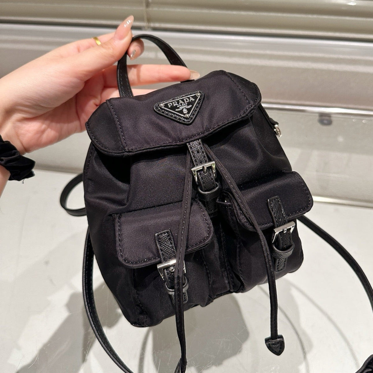 MINI BACKPACK 17 IN BLACK RE-NYLON DRAWSTRING CLOSURE
