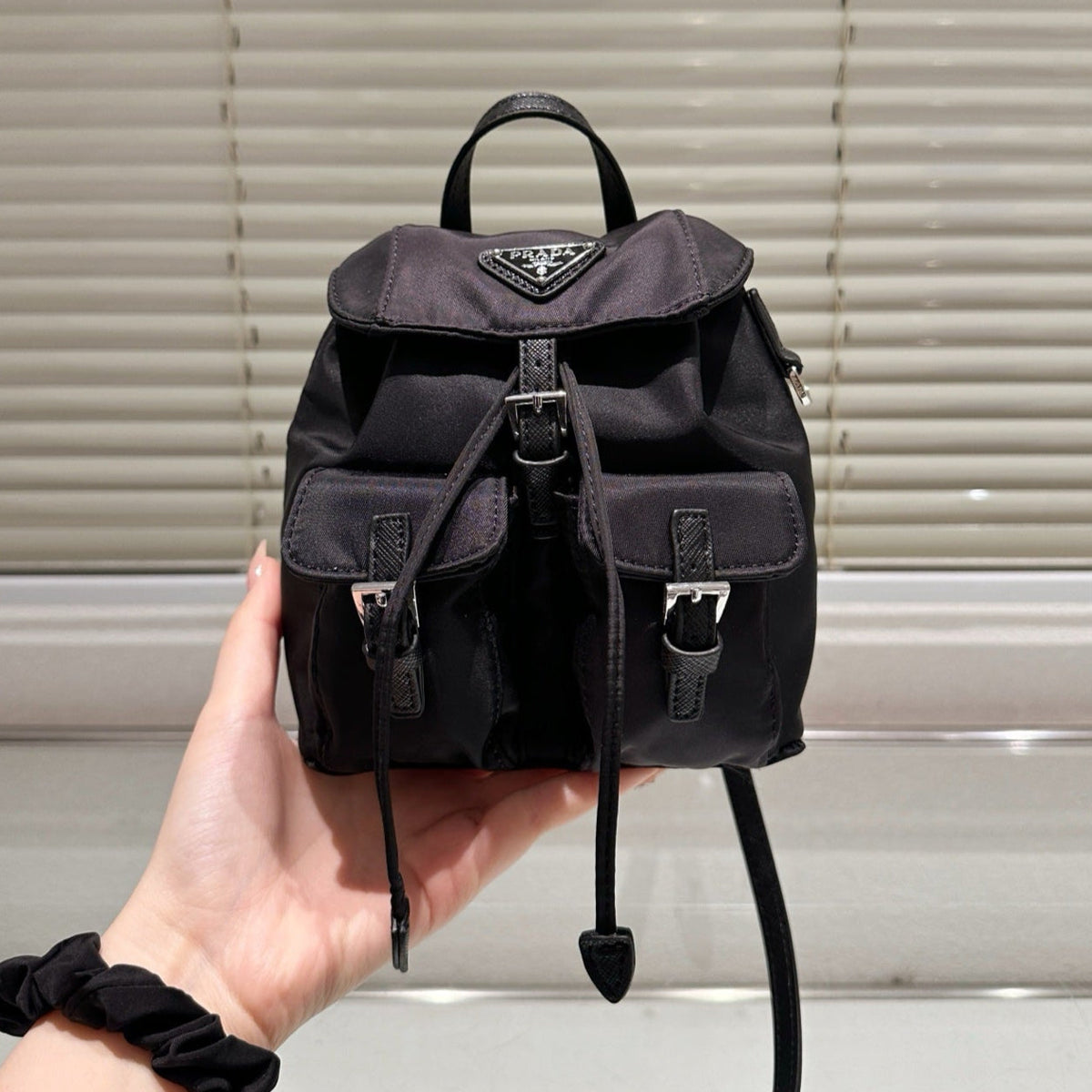 MINI BACKPACK 17 IN BLACK RE-NYLON DRAWSTRING CLOSURE