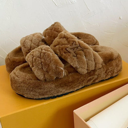 LV SUNSET PLATFORM COMFORT MULE IN CHOCOLATE BROWN SHEARLING