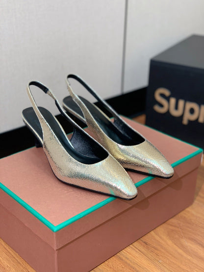 LP POINTED TOE MID-HEEL SLINGBACK METALLIC GOLD CALFSKIN