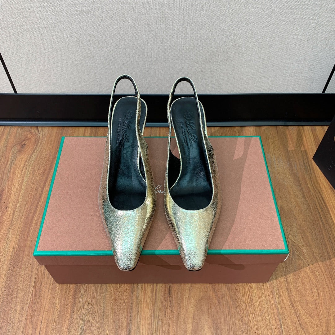 LP POINTED TOE MID-HEEL SLINGBACK METALLIC GOLD CALFSKIN