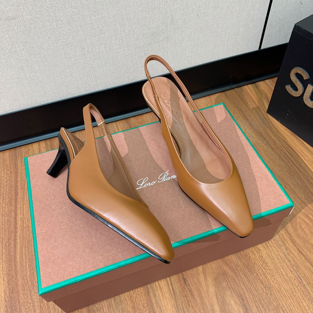 LP POINTED TOE MID-HEEL SLINGBACK CARAMEL CALFSKIN