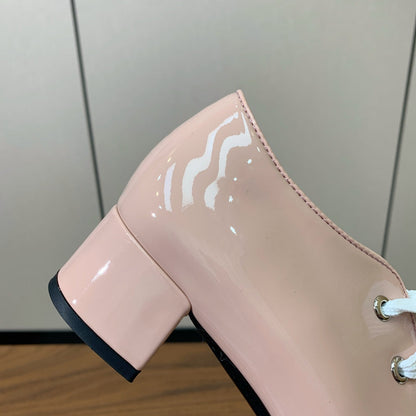LACE-UP HIGH SHOES IN PALE PINK GLOSSY CALFSKIN