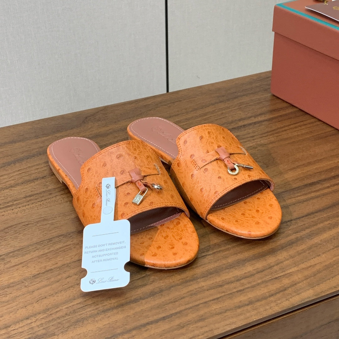 FLAT SLIPPERS IN ORANGE LAMBSKIN OSTRICH SKIN