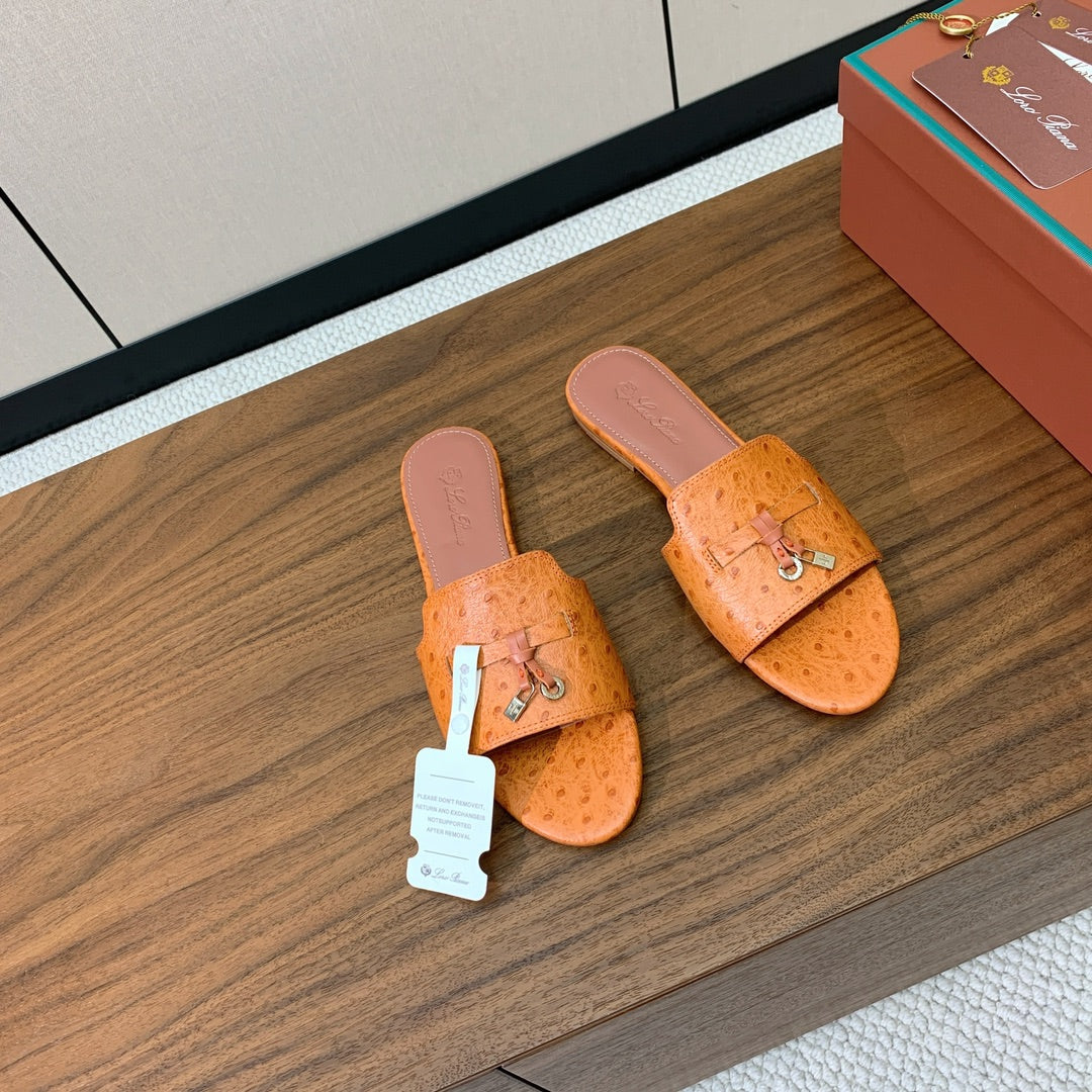 FLAT SLIPPERS IN ORANGE LAMBSKIN OSTRICH SKIN
