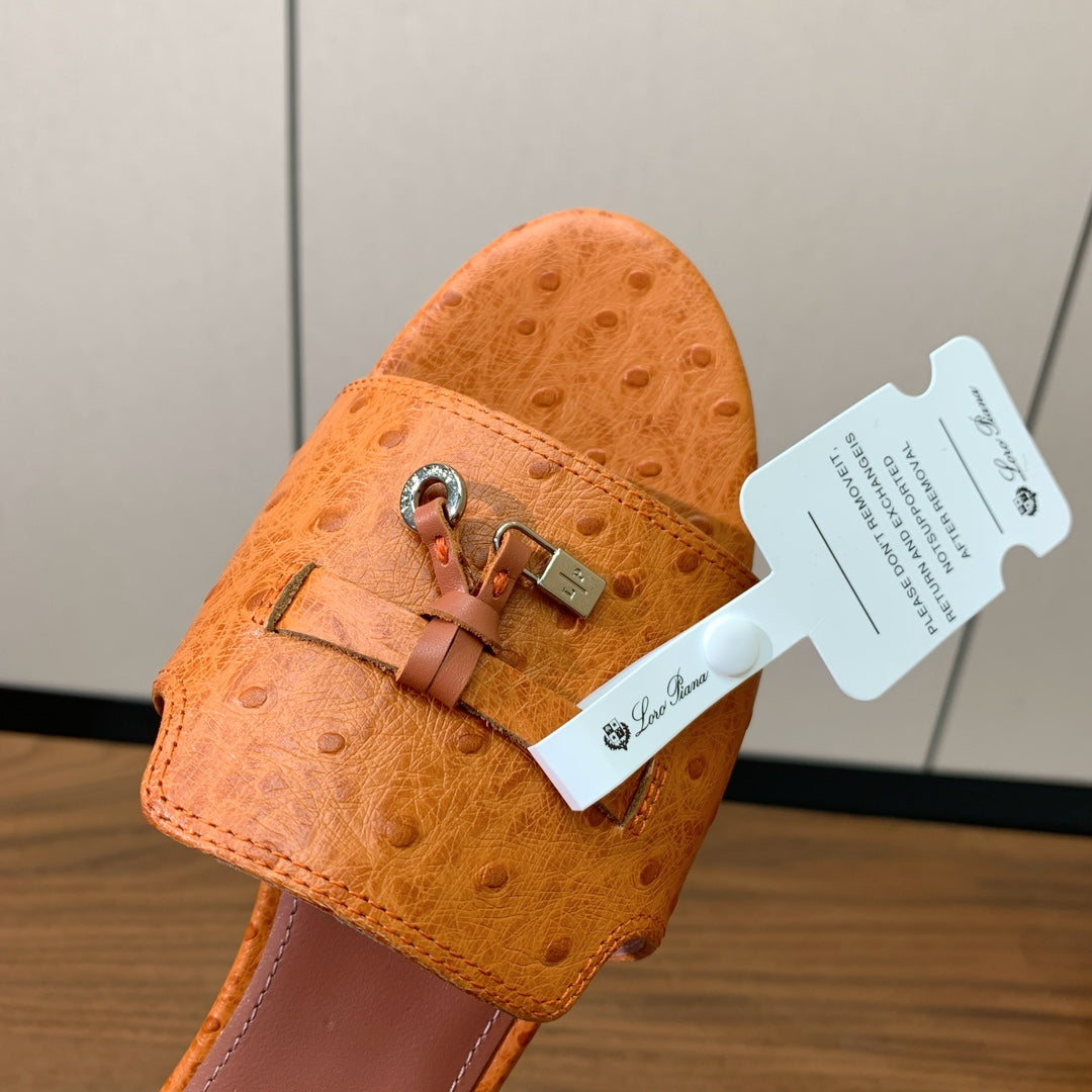 FLAT SLIPPERS IN ORANGE LAMBSKIN OSTRICH SKIN