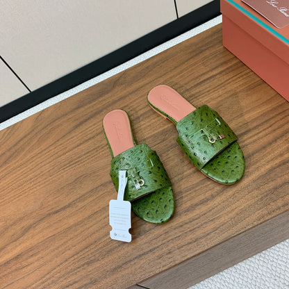 FLAT SLIPPERS IN DARK GREEN LAMBSKIN OSTRICH SKIN