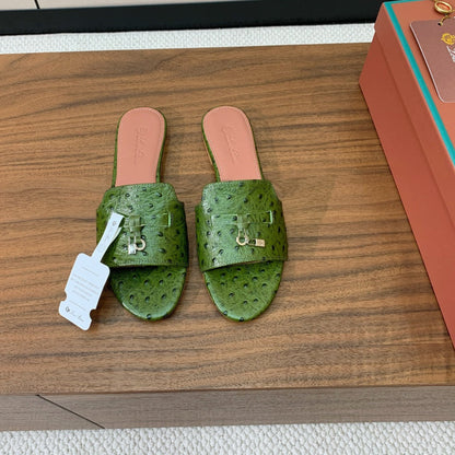 FLAT SLIPPERS IN DARK GREEN LAMBSKIN OSTRICH SKIN
