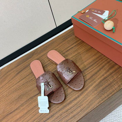 FLAT SLIPPERS IN BROWN LAMBSKIN OSTRICH SKIN