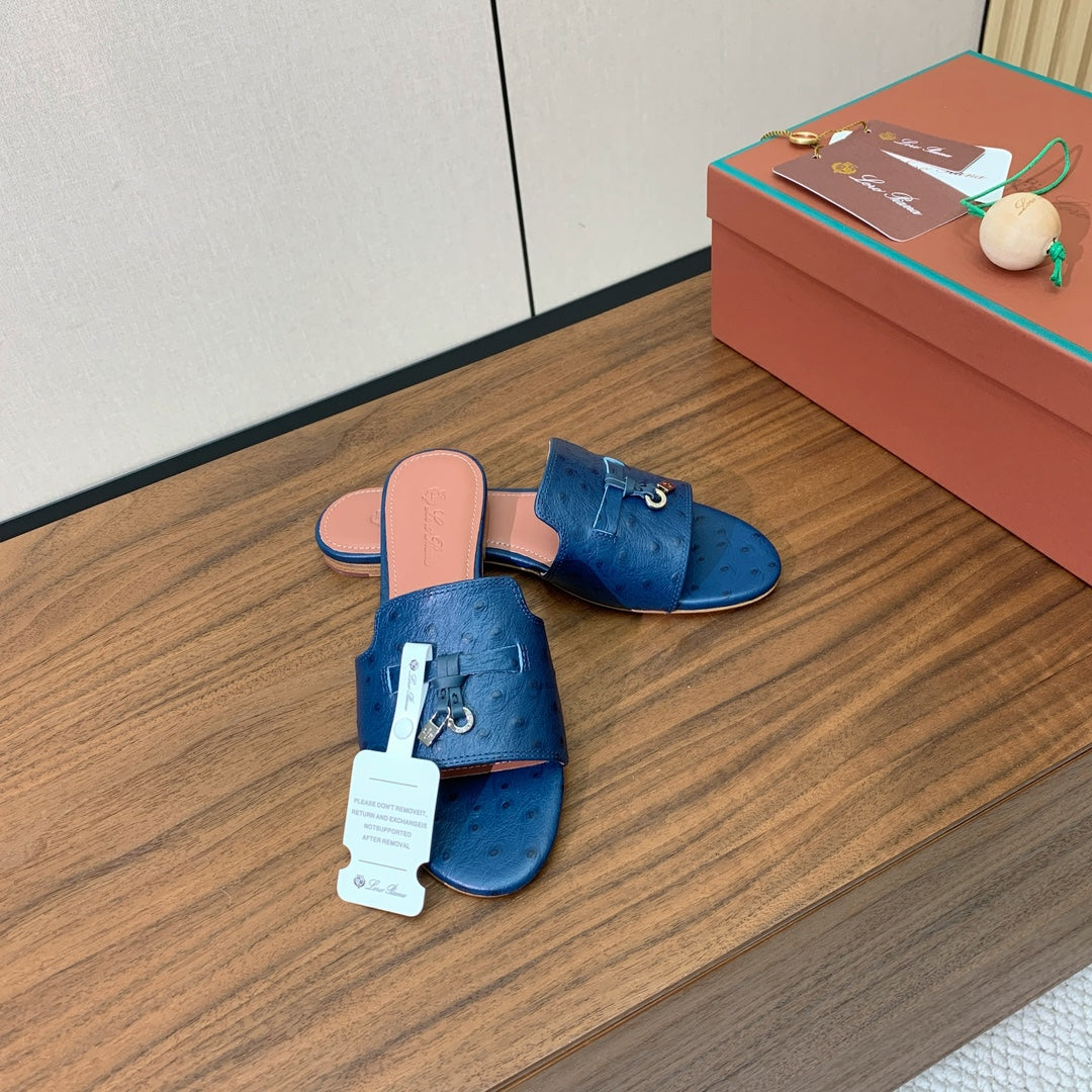 FLAT SLIPPERS IN NAVY BLUE LAMBSKIN OSTRICH SKIN