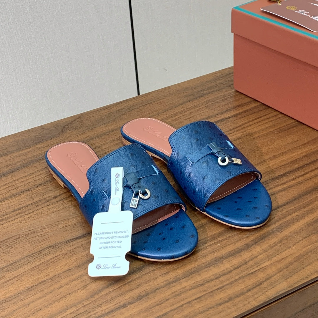 FLAT SLIPPERS IN NAVY BLUE LAMBSKIN OSTRICH SKIN