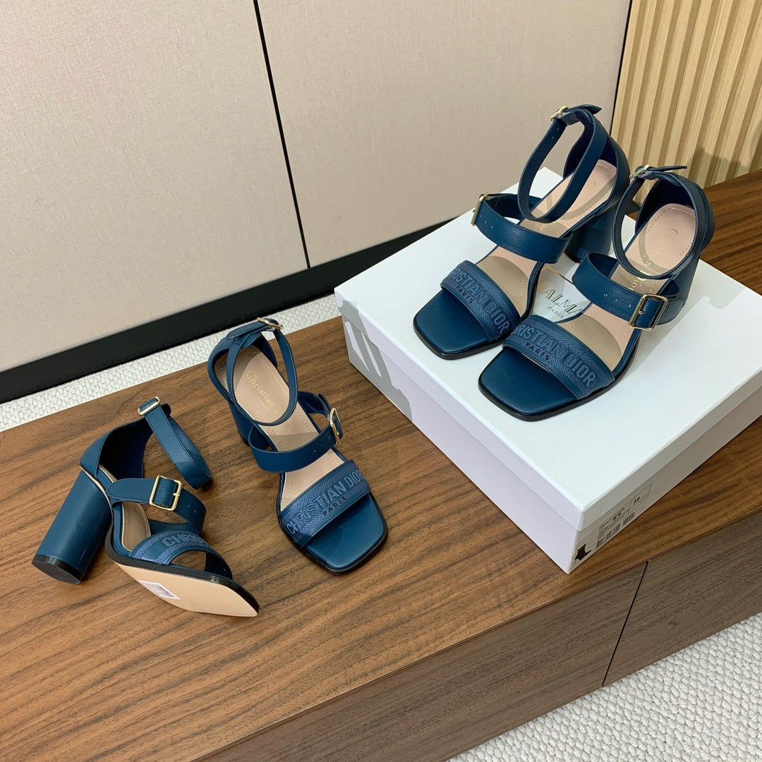 THREE-STRAP HIGH-HEELED EMBROIDERED SANDALS NAVY BLUE