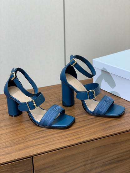 THREE-STRAP HIGH-HEELED EMBROIDERED SANDALS NAVY BLUE