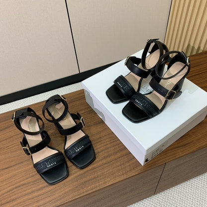 THREE-STRAP HIGH-HEELED EMBROIDERED SANDALS BLACK