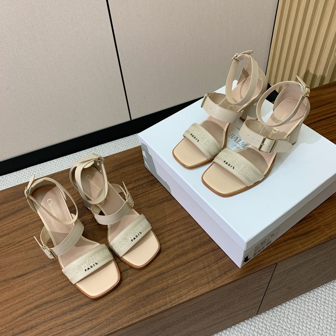 THREE-STRAP HIGH-HEELED EMBROIDERED SANDALS NUDE BEIGE