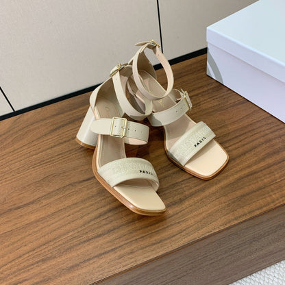 THREE-STRAP HIGH-HEELED EMBROIDERED SANDALS NUDE BEIGE