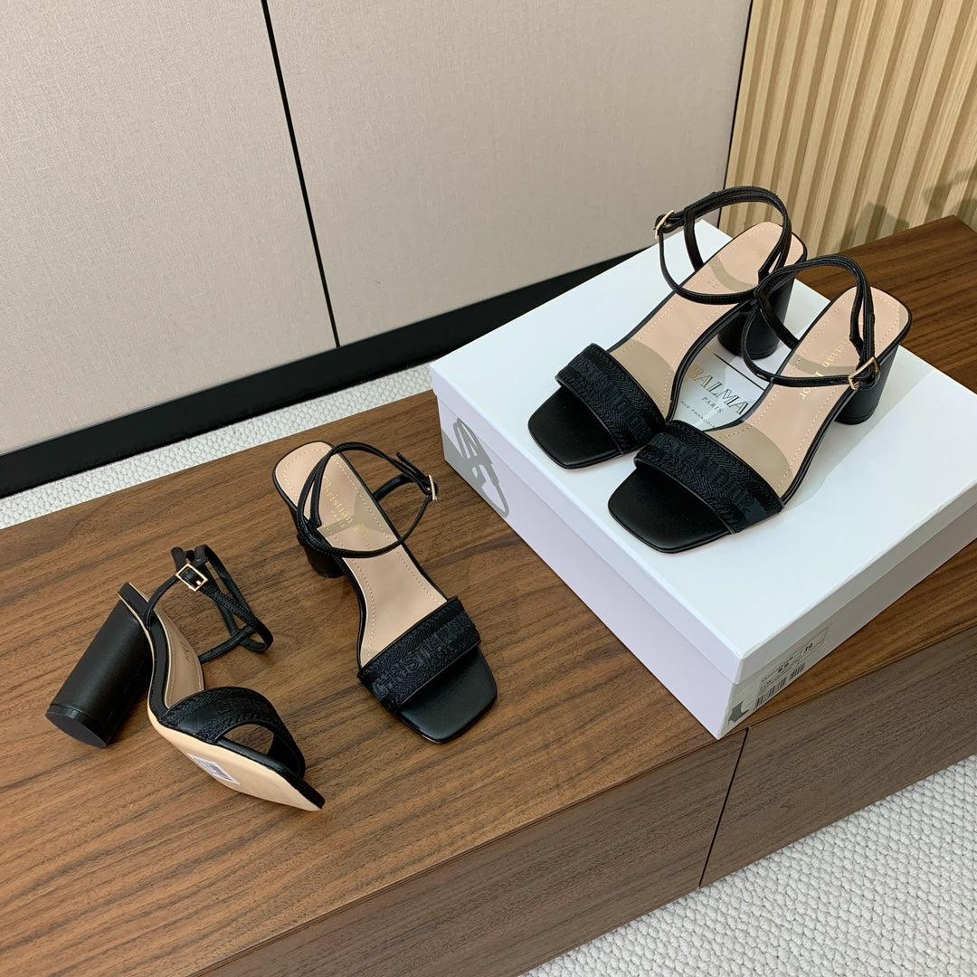HIGH HEEL EMBROIDERED SANDAL IN BLACK CALFSKIN AND WOVEN STRAPS