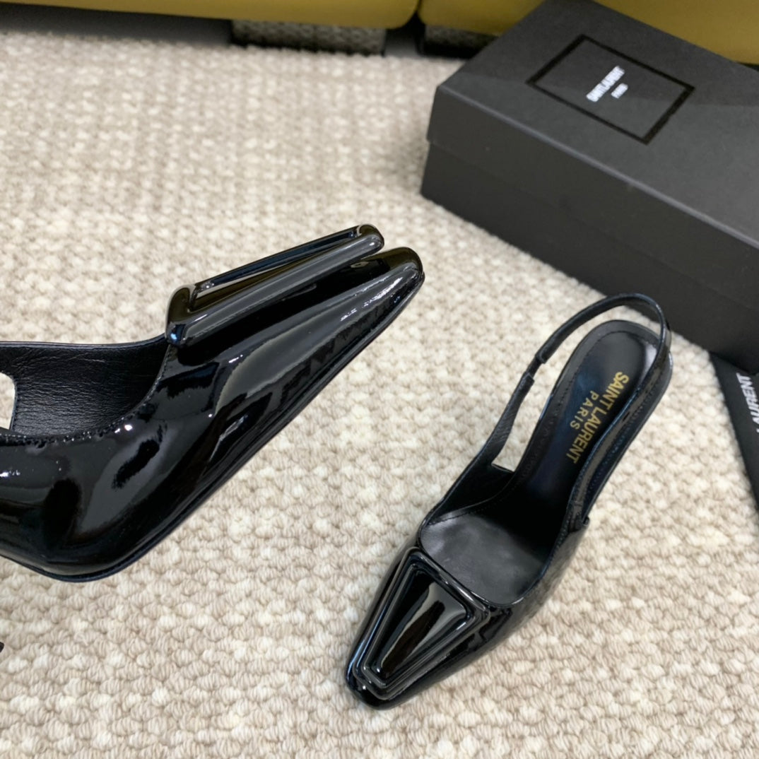 SL TRIANGLE HEELED SLINGBACKS BLACK CALFSKIN