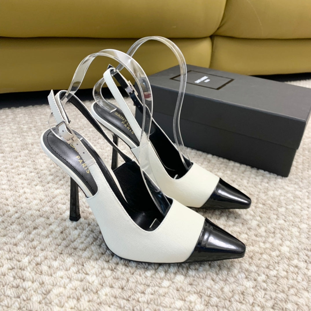SL CAP-TOE SLINGBACKS WHITE CANVAS AND BLACK CALFSKIN