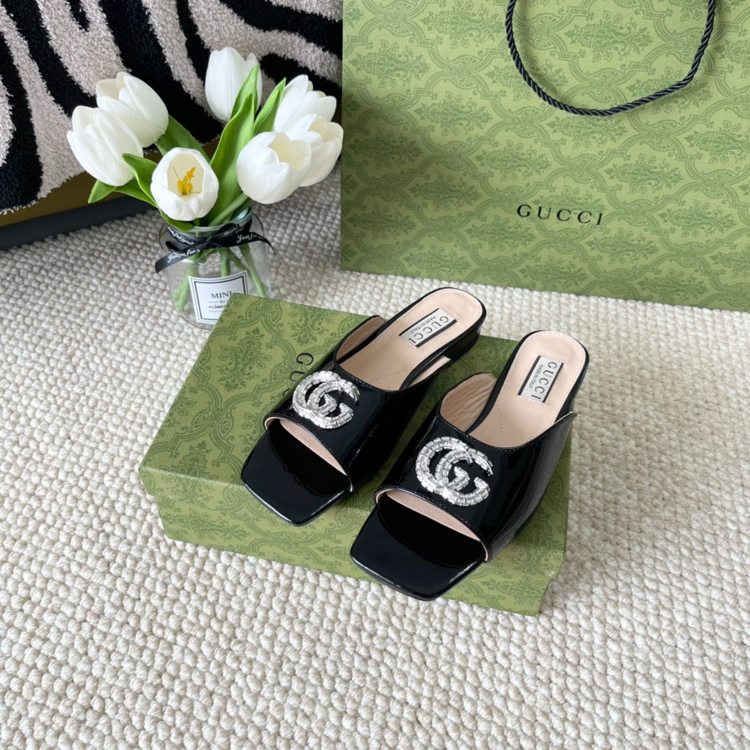 GG CRYSTAL SLIDES SANDAL BLACK AND CREAM CALFSKIN