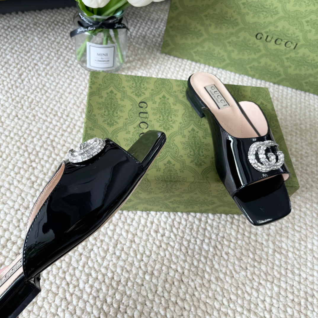 GG CRYSTAL SLIDES SANDAL BLACK AND CREAM CALFSKIN