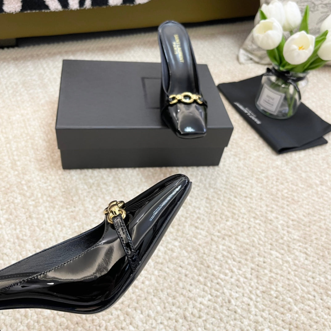SL SQUARE TOE MULES BLACK CALFSKIN