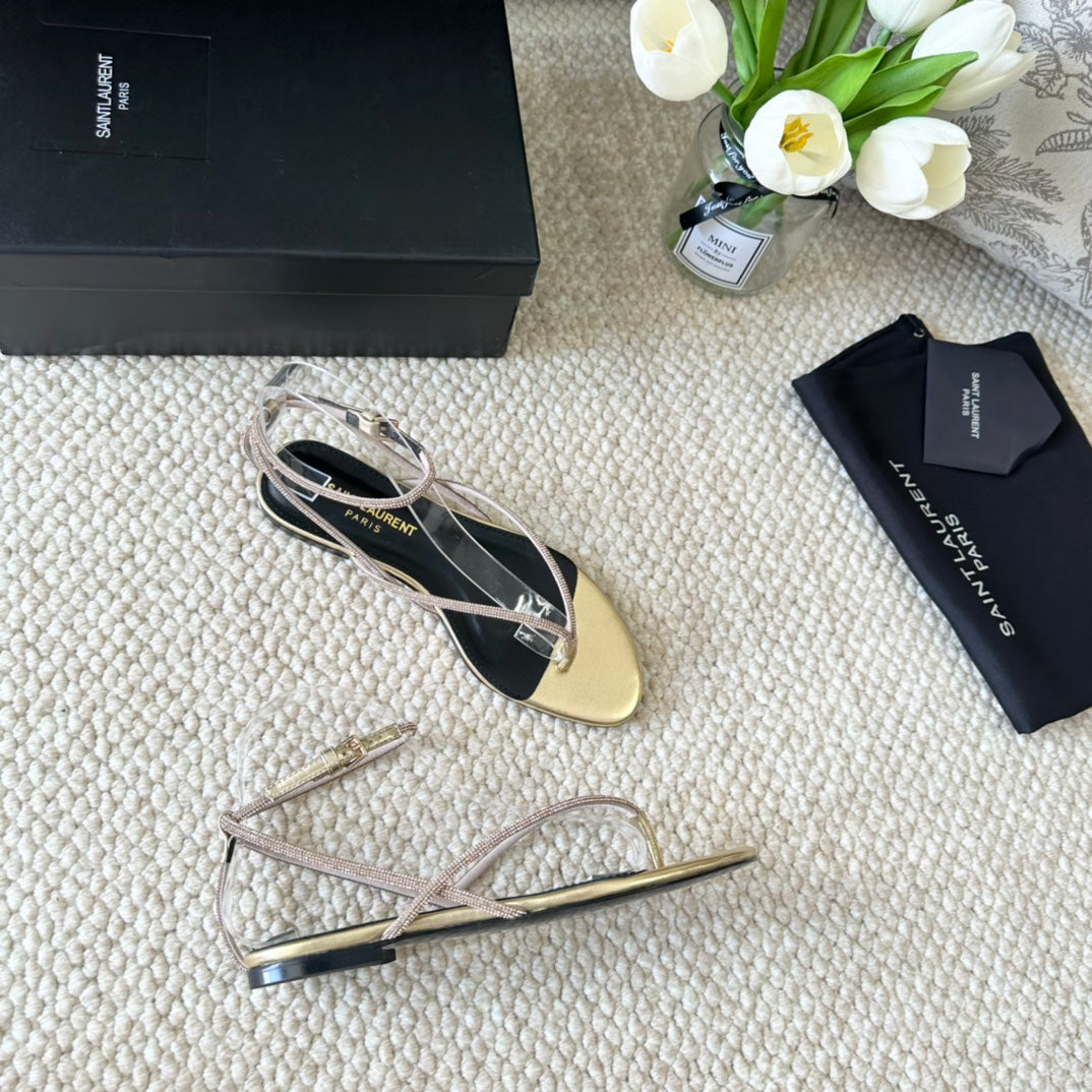 SL CRYSTAL FLAT SANDALS METALLIC GOLD CALFSKIN