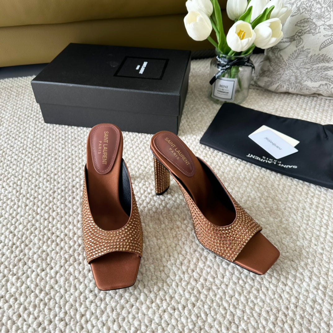 SL SEPT MULES SIENNA SATIN AND RHINESTONES