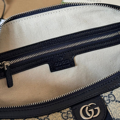OPHIDIA LARGE BOSTON BAG 31 IN BEIGE AND BLUE GG CALFSKIN