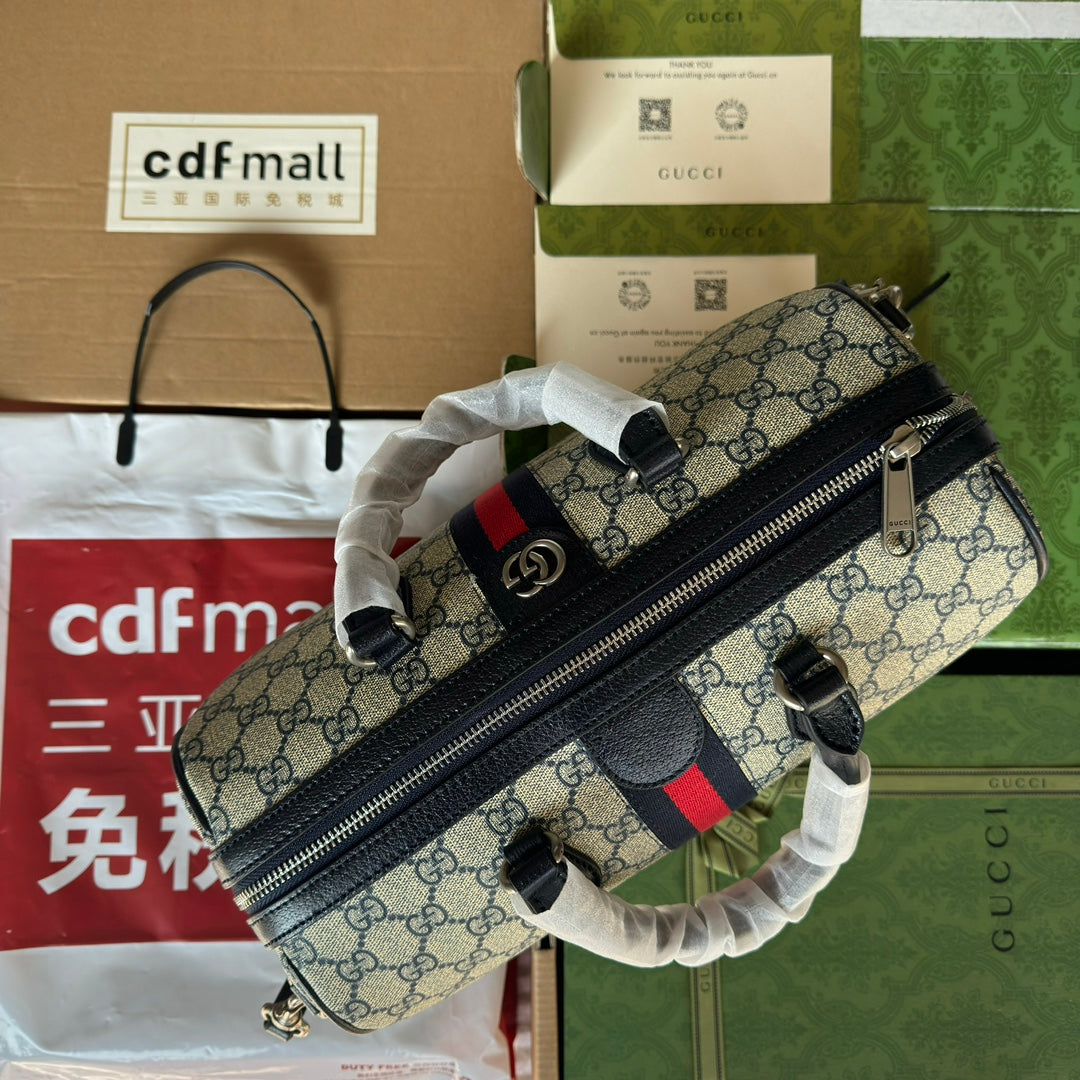 OPHIDIA LARGE BOSTON BAG 31 IN BEIGE AND BLUE GG CALFSKIN