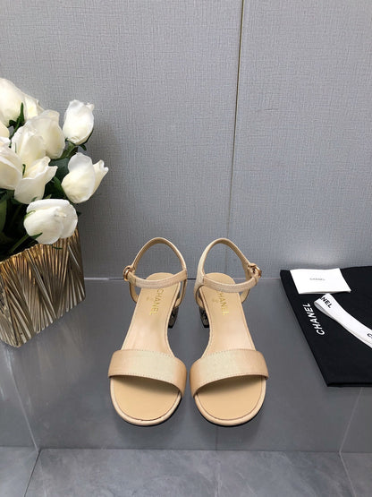 BLOCK HEEL WITH CRYSTAL 5 CM SANDAL IN SAND BROWN FABRIC