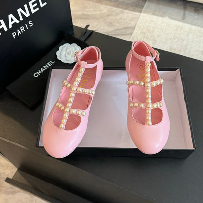 MARY JANES SHOES LIGHT PINK GOATSKIN WITH FAUX PEARL