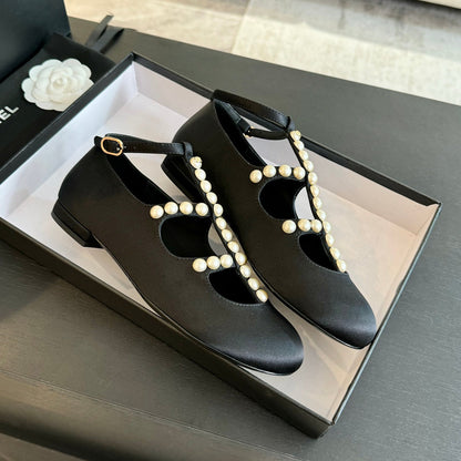 MARY JANES SHOES BLACK GOATSKIN WITH FAUX PEARL