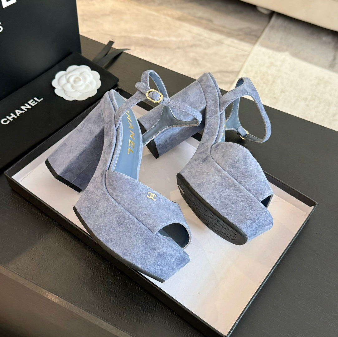 HIGH HEEL PLATFORM SANDALS IN PIGEON BLUE SUEDE