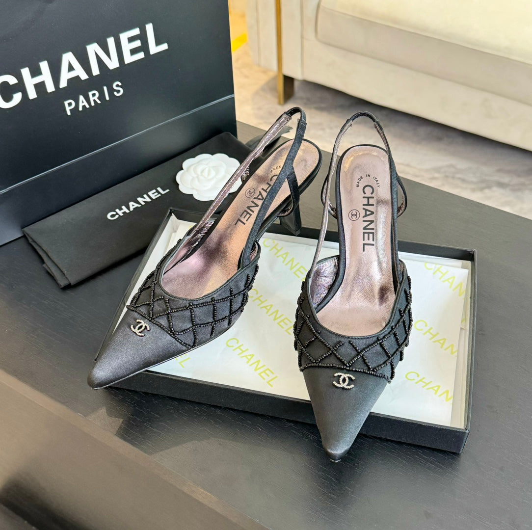 POINTED SLINGBACK MID HEELS BLACK LAMBSKIN