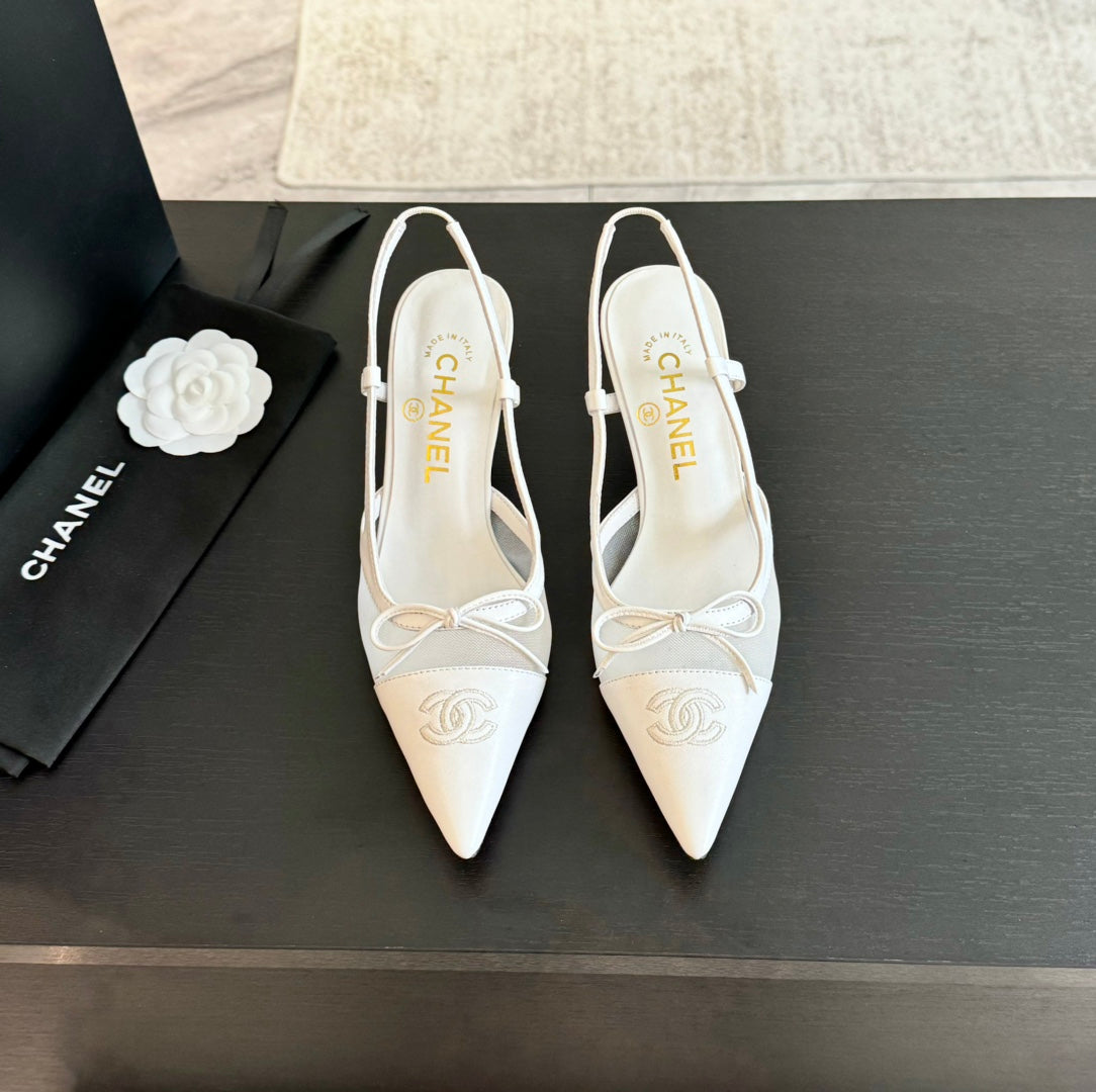 MESH LOGO SLINGBACKS IN WHITE LAMBSKIN