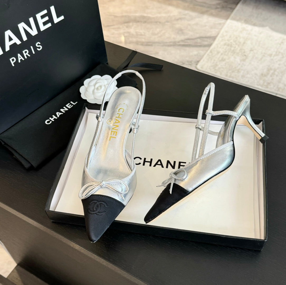 SLINGBACK WITH BOW IN SILVER MIX BLACK LAMBSKIN