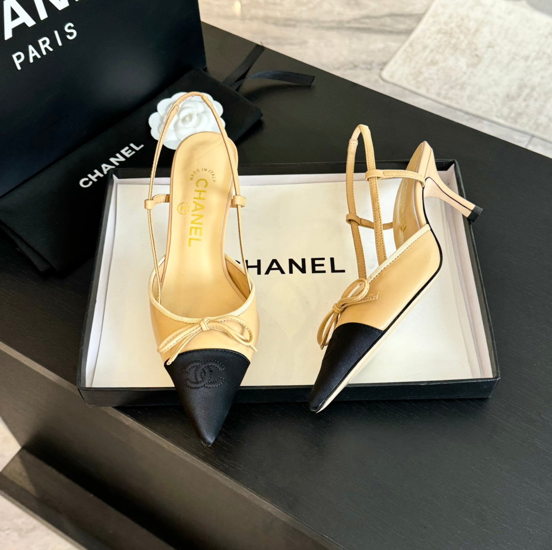 SLINGBACK WITH BOW IN BEIGE CREAM MIX BLACK LAMBSKIN