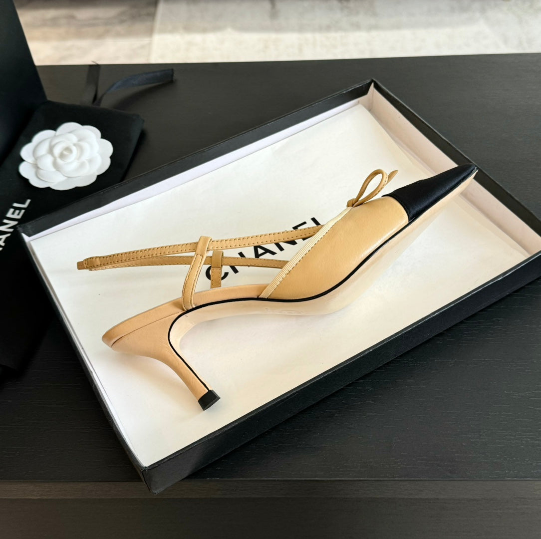 SLINGBACK WITH BOW IN BEIGE CREAM MIX BLACK LAMBSKIN