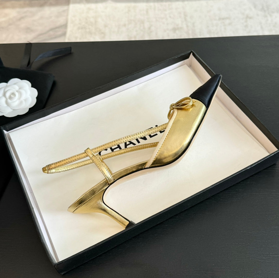 SLINGBACK WITH BOW IN GOLDEN MIX BLACK LAMBSKIN