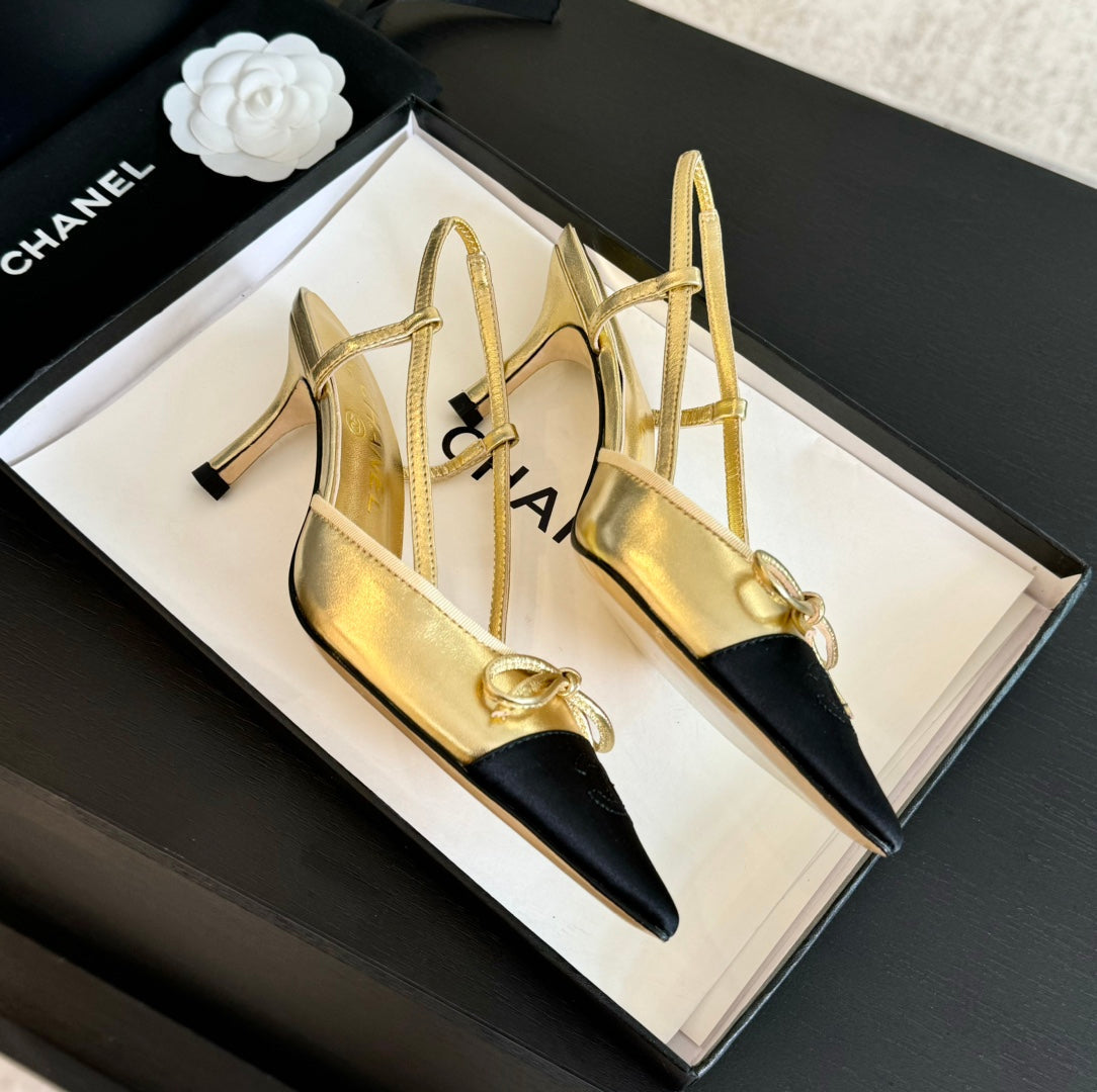 SLINGBACK WITH BOW IN GOLDEN MIX BLACK LAMBSKIN