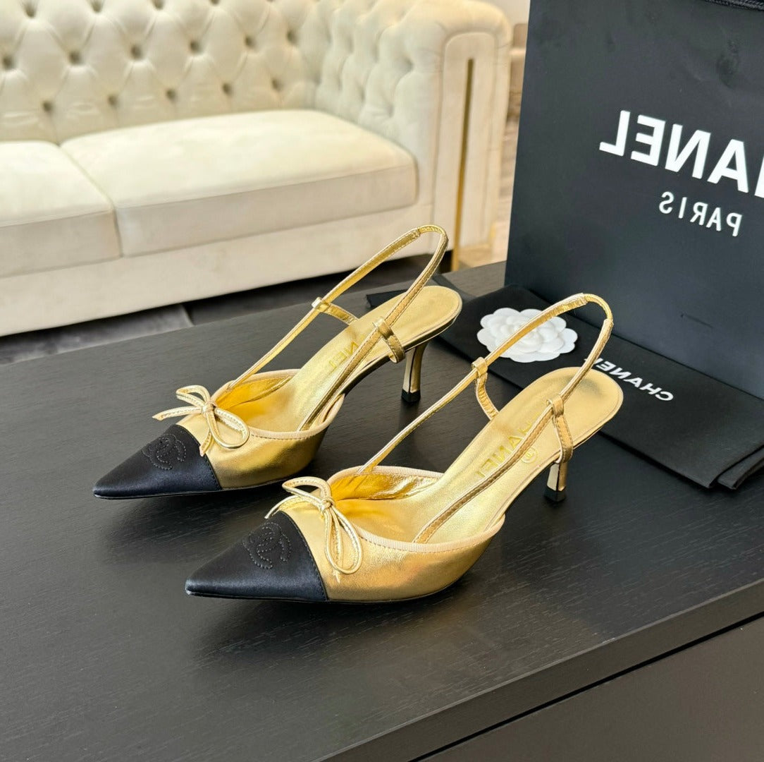 SLINGBACK WITH BOW IN GOLDEN MIX BLACK LAMBSKIN