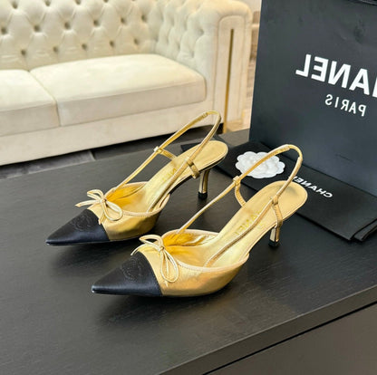 SLINGBACK WITH BOW IN GOLDEN MIX BLACK LAMBSKIN