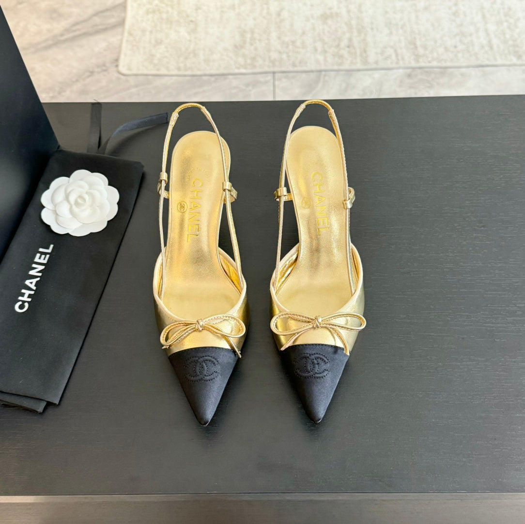 SLINGBACK WITH BOW IN GOLDEN MIX BLACK LAMBSKIN