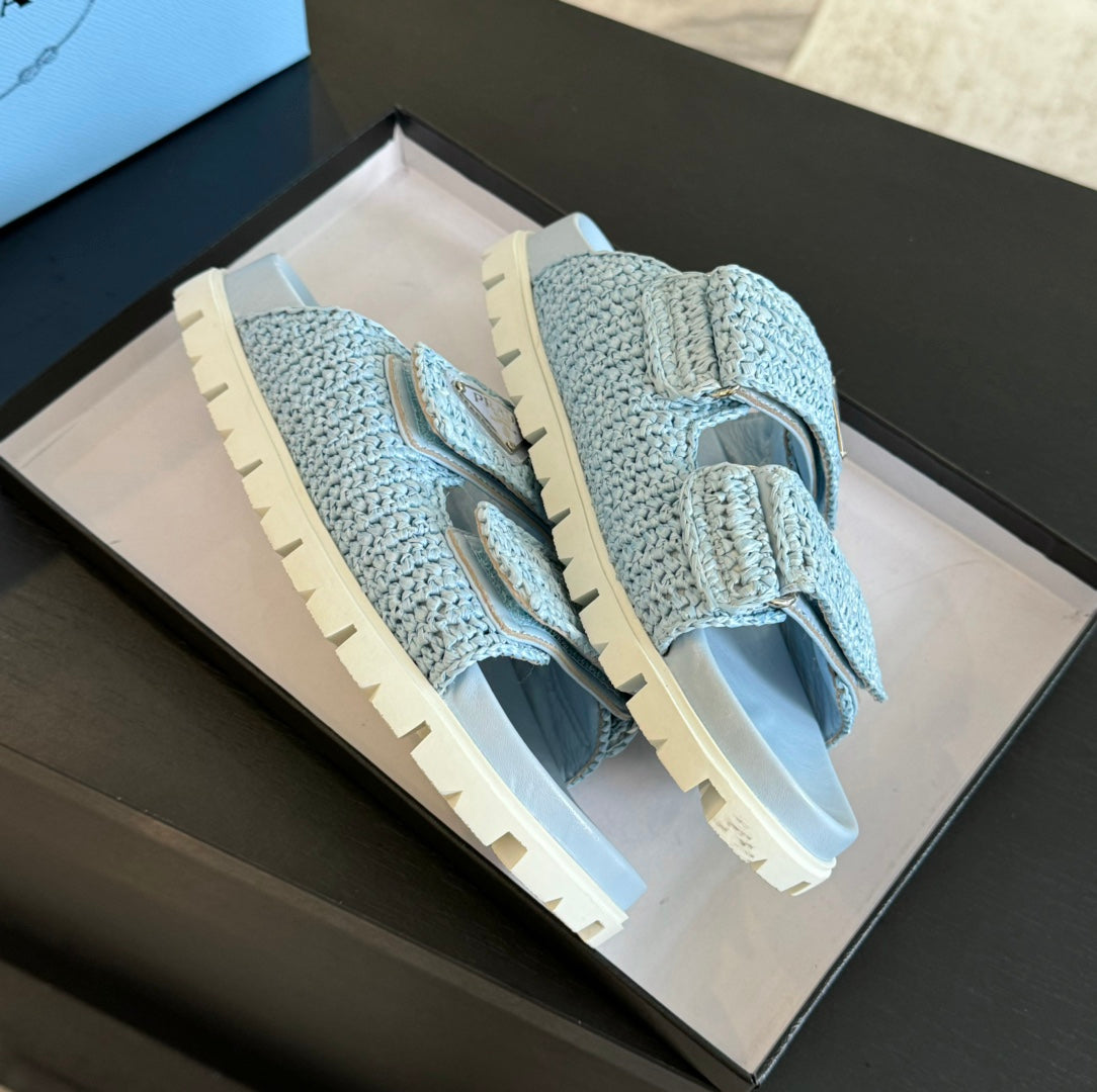 PRA RAFFIA CORK SLIDE SKY CALFSKIN