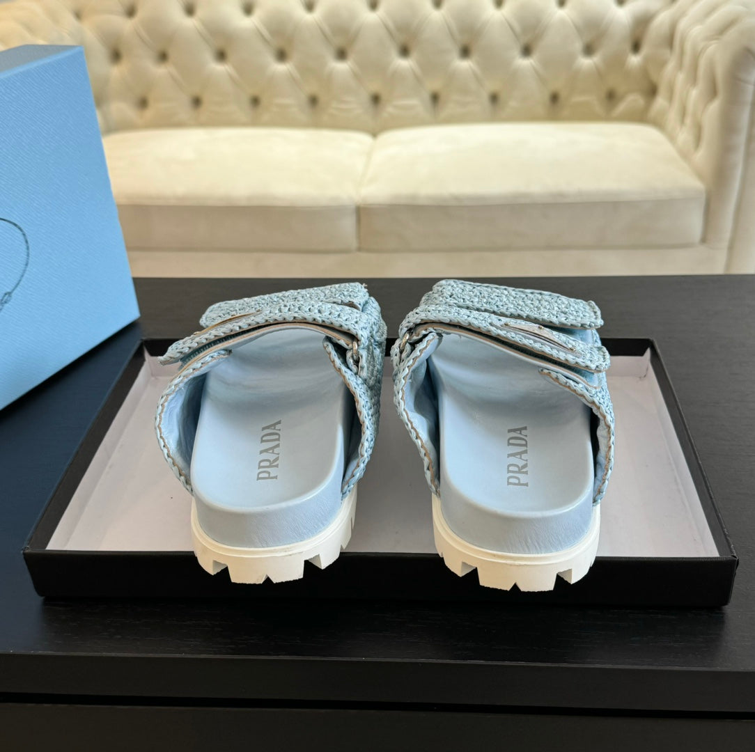 PRA RAFFIA CORK SLIDE SKY CALFSKIN