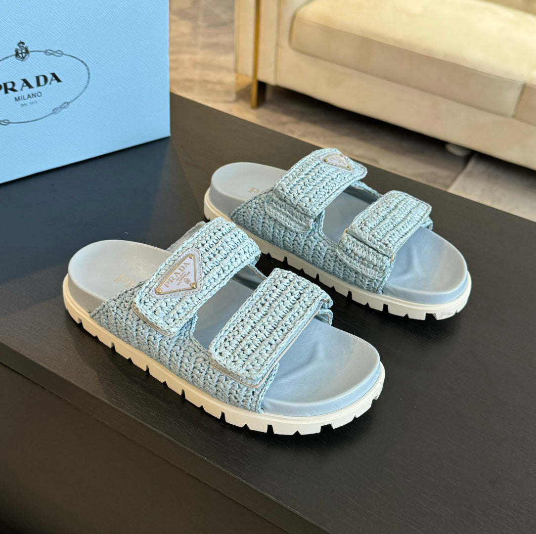 PRA RAFFIA CORK SLIDE SKY CALFSKIN